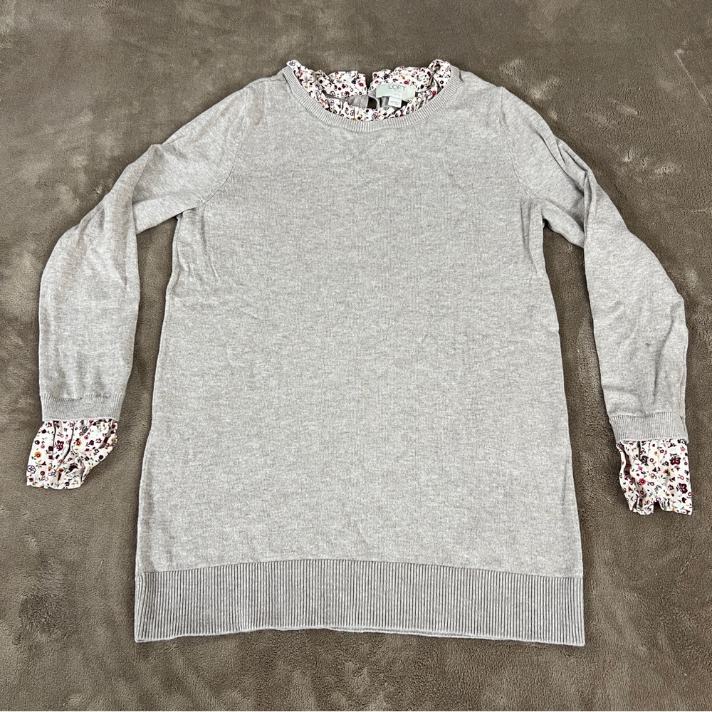 LOFT women’s Gray Sweater with Floral Trim XSP